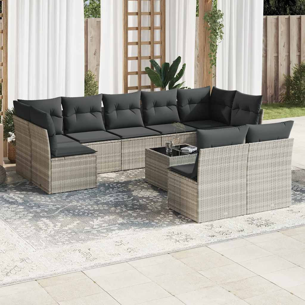 vidaXL 10-tlg. Garten-Sofagarnitur mit Kissen Hellgrau Poly Rattan