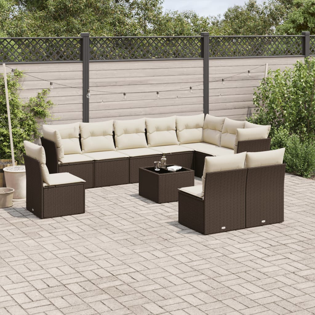 vidaXL 11-tlg. Garten-Sofagarnitur mit Kissen Braun Poly Rattan