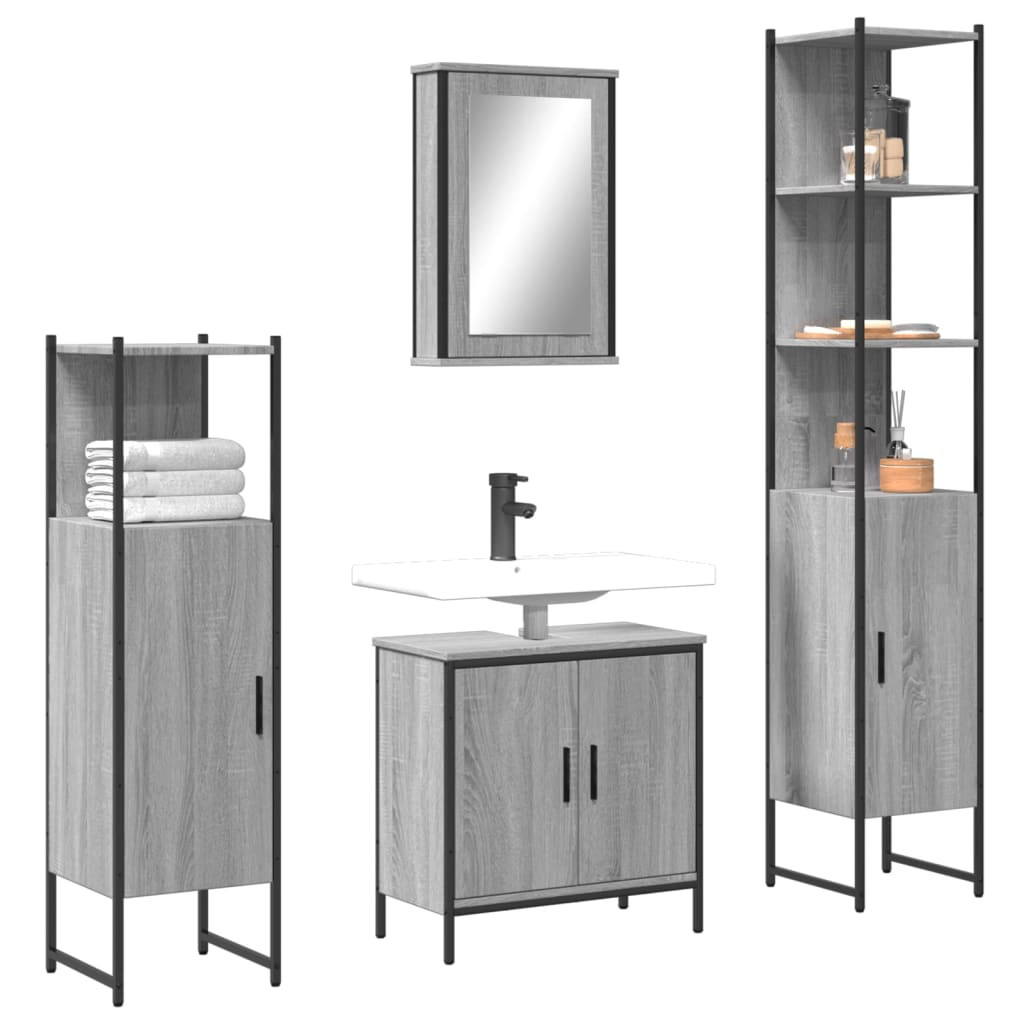 vidaXL 4-tlg. Badmöbel-Set Grau Sonoma Holzwerkstoff