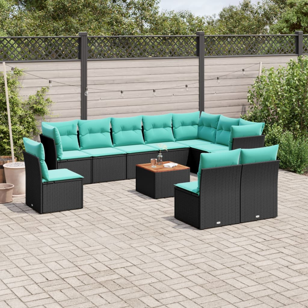 vidaXL 11-tlg. Garten-Sofagarnitur mit Kissen Schwarz Poly Rattan
