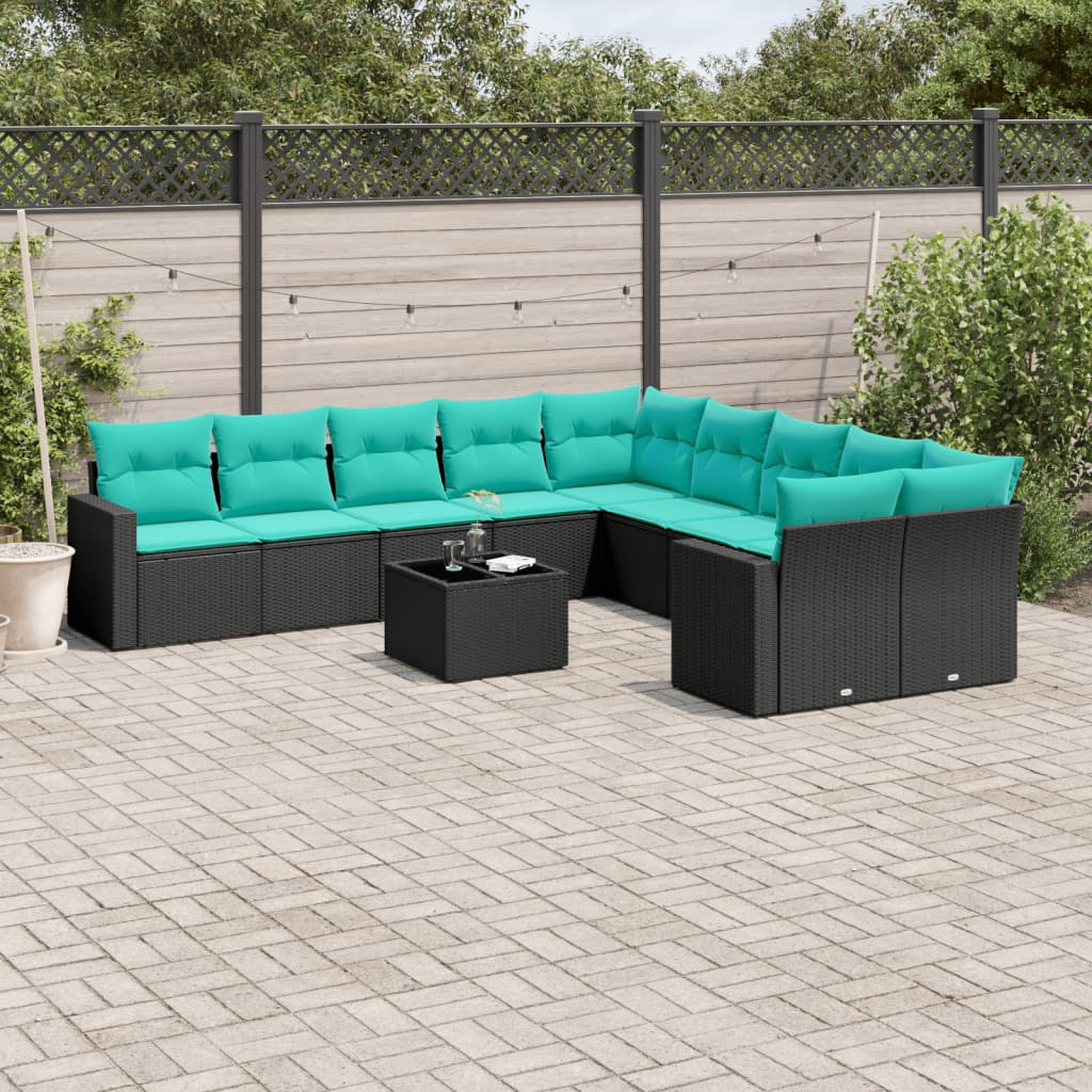vidaXL 11-tlg. Garten-Sofagarnitur mit Kissen Schwarz Poly Rattan