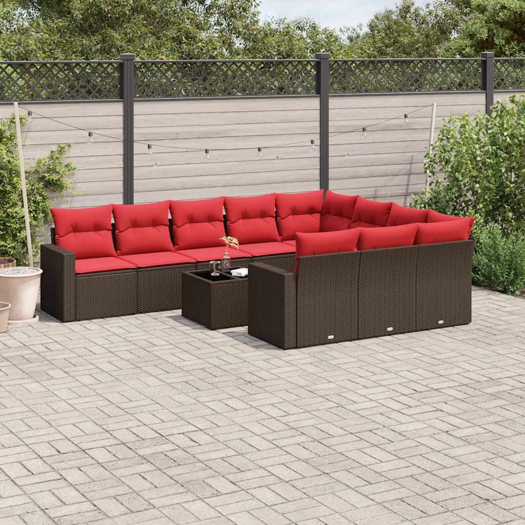 vidaXL 11-tlg. Garten-Sofagarnitur mit Kissen Braun Poly Rattan