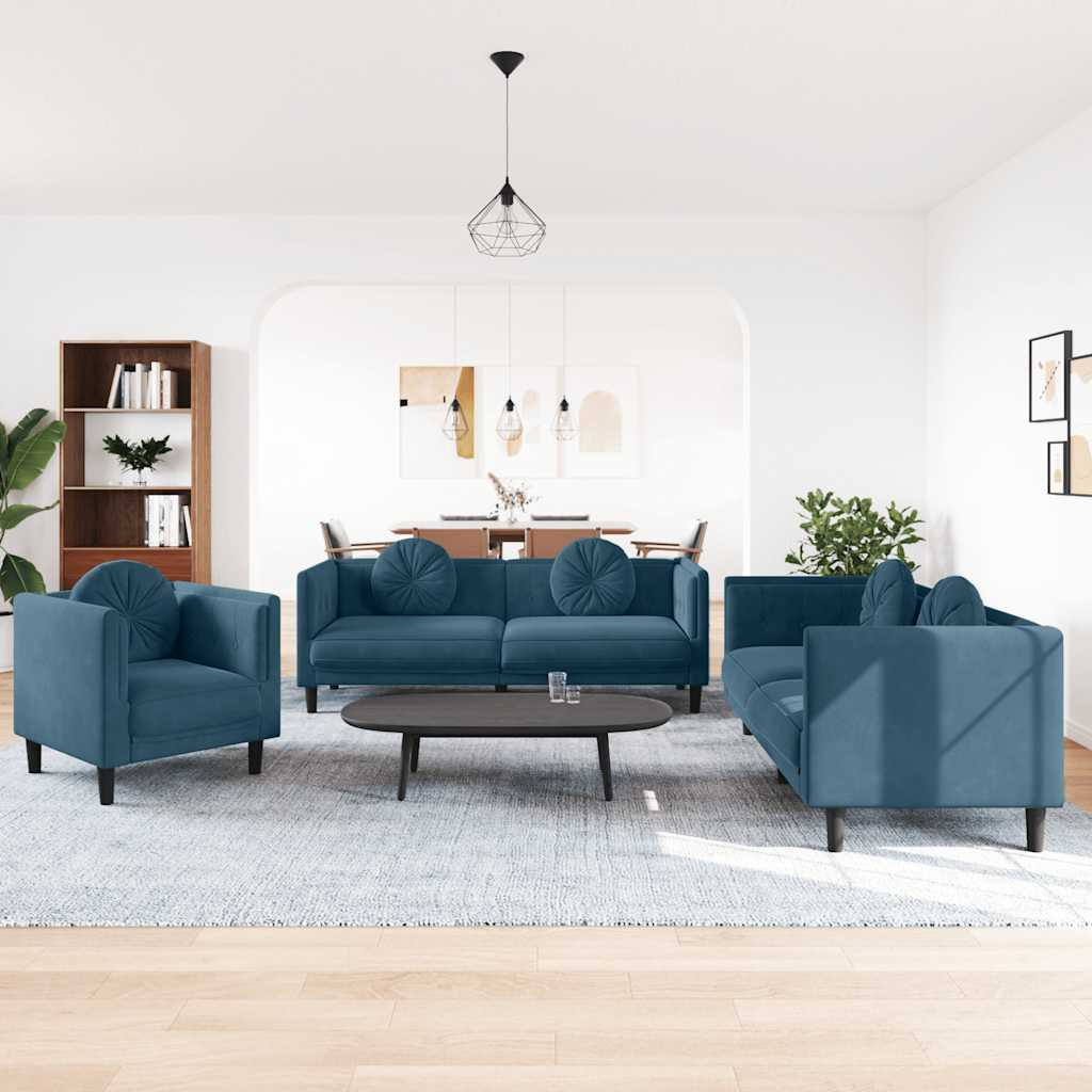 vidaXL 3-tlg. Sofagarnitur mit Kissen Blau Samt