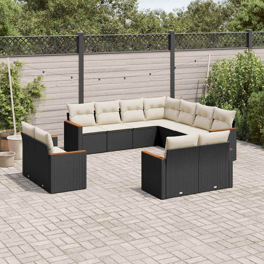 vidaXL 11-tlg. Garten-Sofagarnitur mit Kissen Schwarz Poly Rattan
