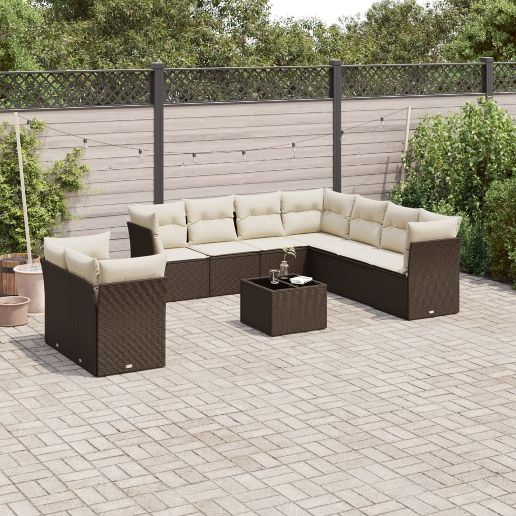 vidaXL 10-tlg. Garten-Sofagarnitur mit Kissen Braun Poly Rattan