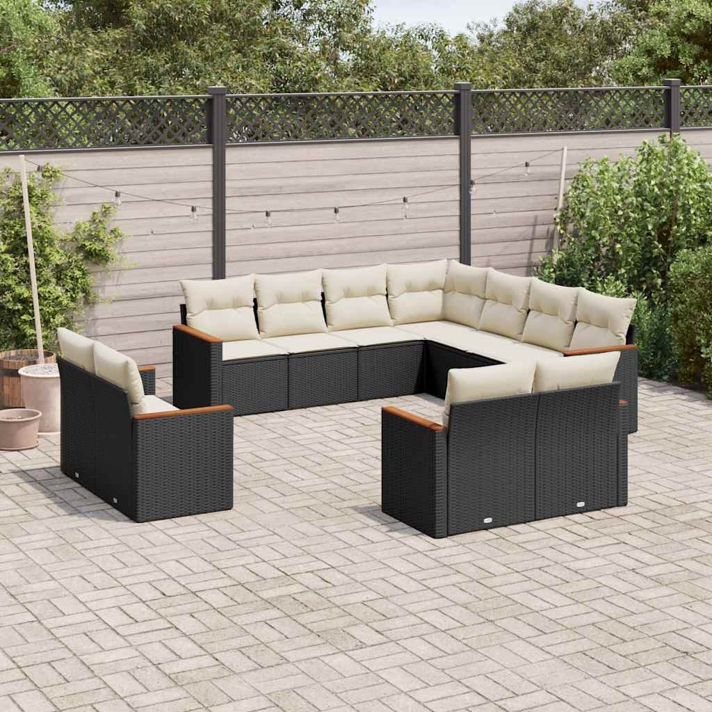 vidaXL 11-tlg. Garten-Sofagarnitur mit Kissen Schwarz Poly Rattan
