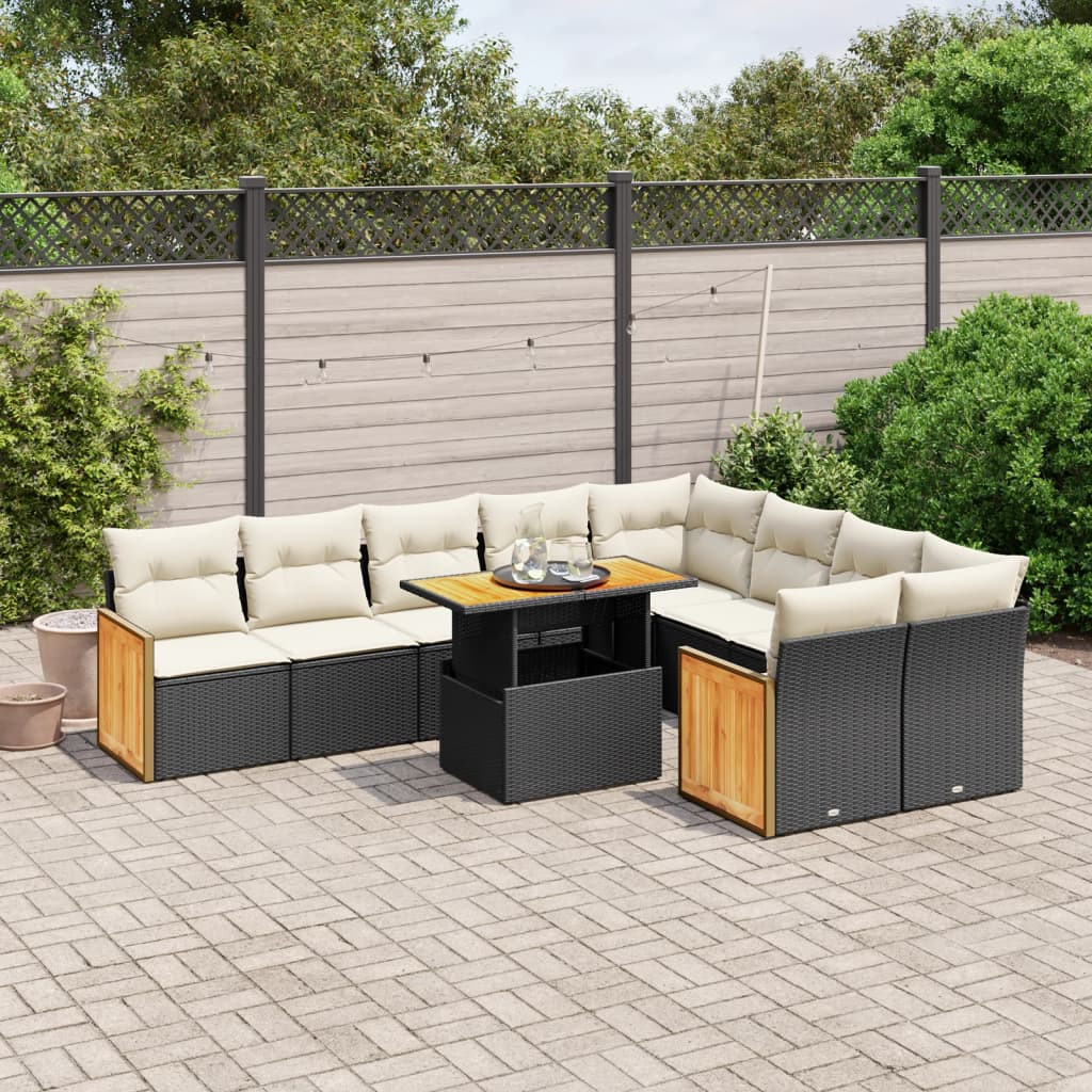 vidaXL 10-tlg. Garten-Sofagarnitur mit Kissen Schwarz Poly Rattan