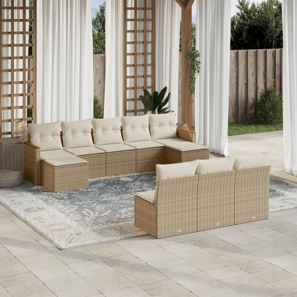 vidaXL 10-tlg. Garten-Sofagarnitur mit Kissen Beige Poly Rattan