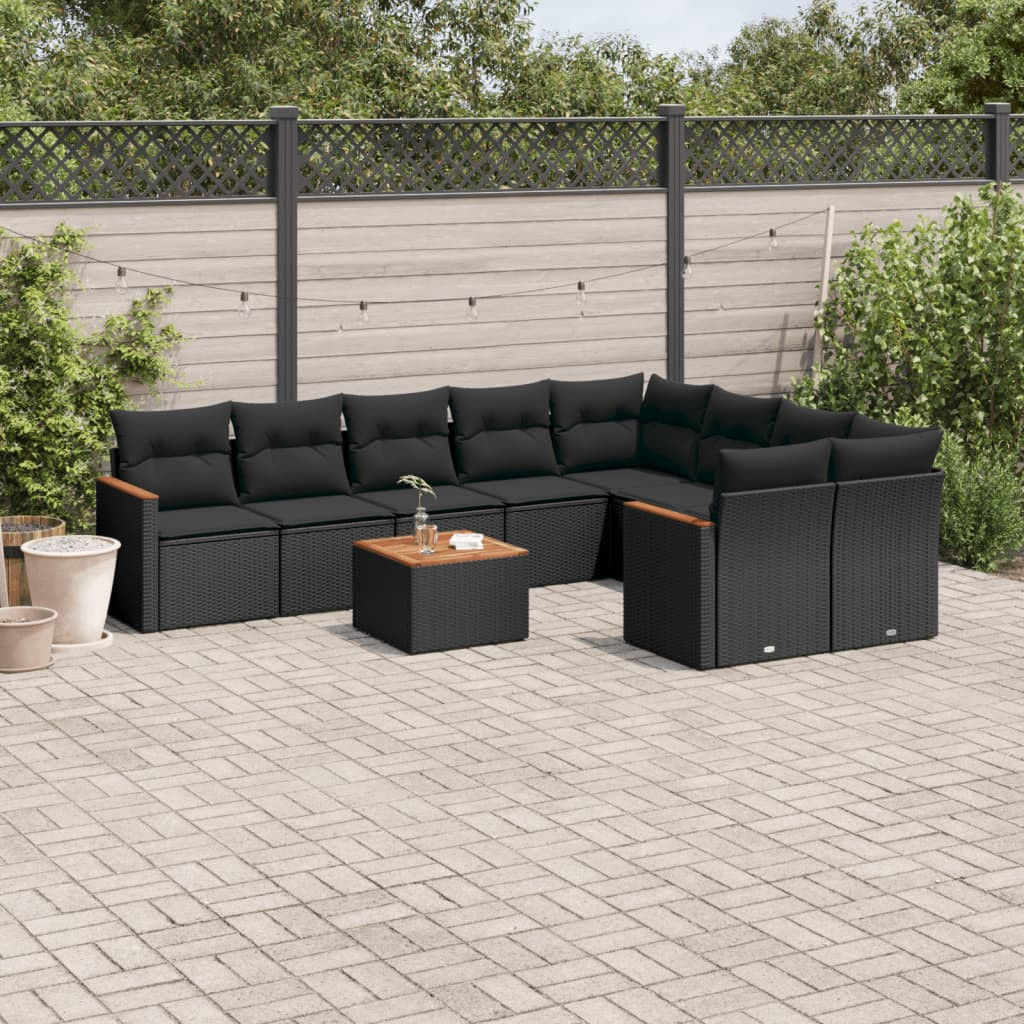 vidaXL 10-tlg. Garten-Sofagarnitur mit Kissen Schwarz Poly Rattan