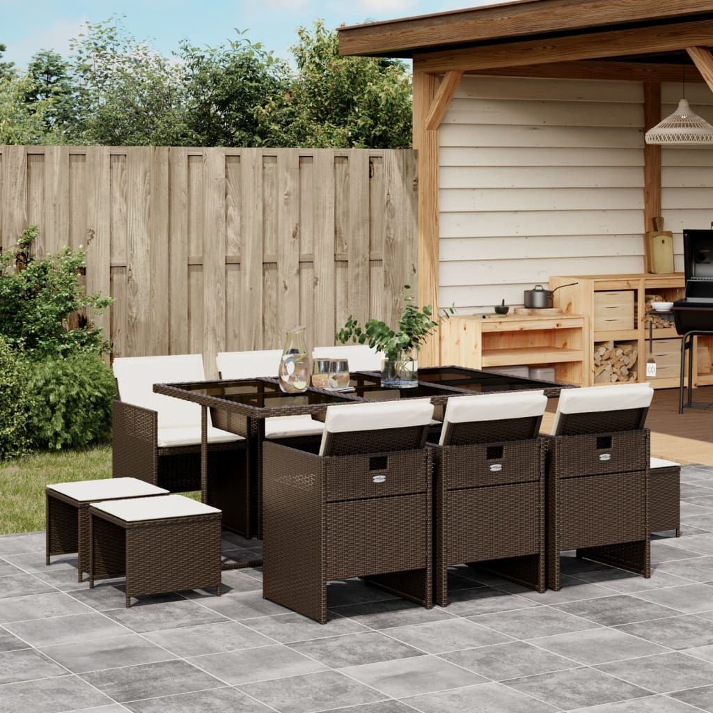 vidaXL 11-tlg. Garten-Essgruppe mit Kissen Braun Poly Rattan