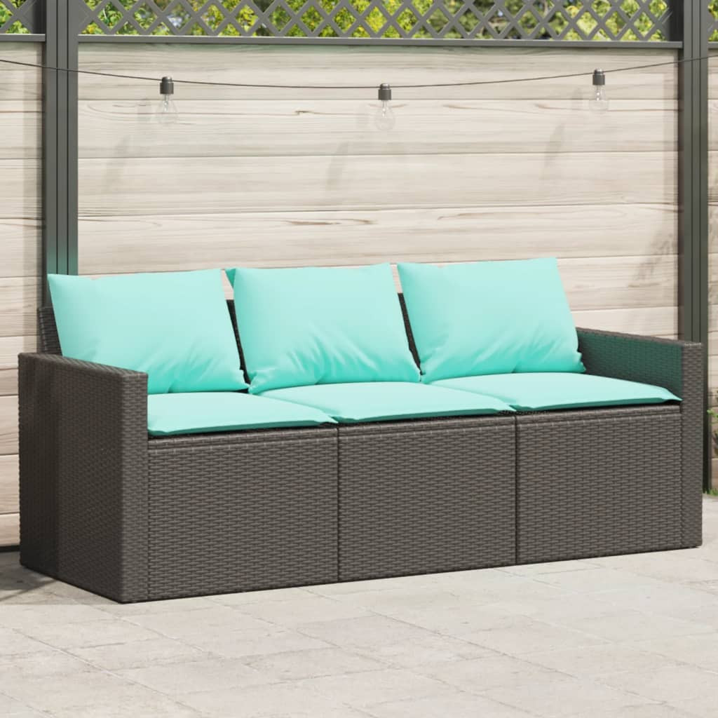 vidaXL Gartensofa mit Kissen 3-Sitzer Schwarz Poly Rattan
