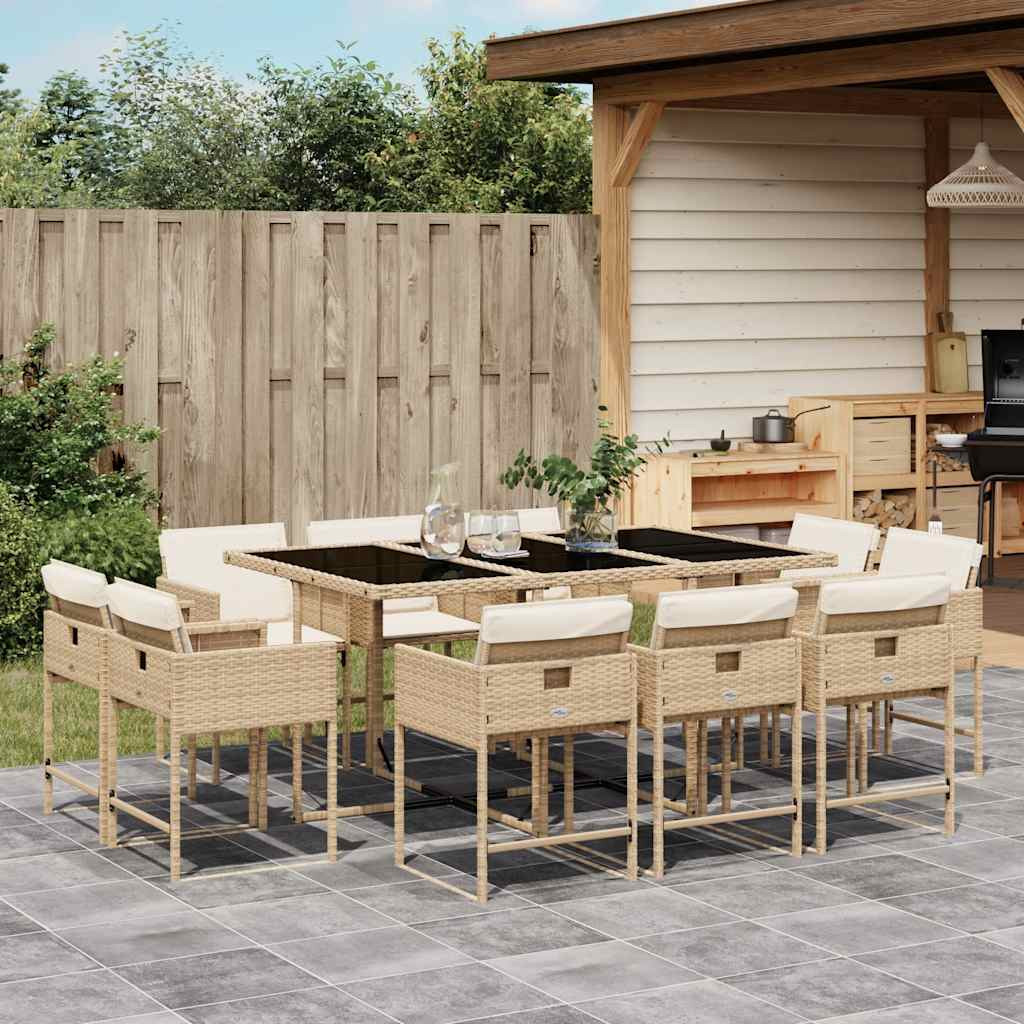 vidaXL 11-tlg. Garten-Essgruppe mit Kissen Beige Poly Rattan