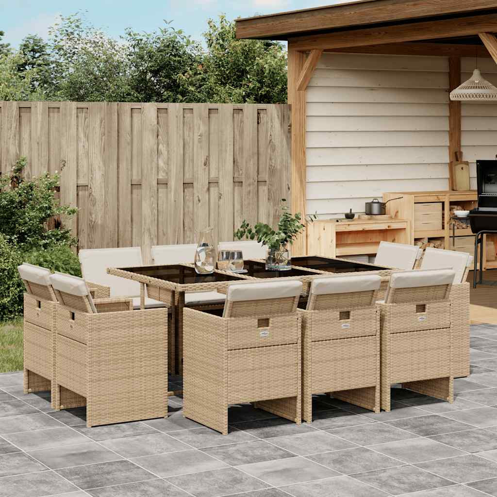 vidaXL 11-tlg. Garten-Essgruppe mit Kissen Beige Poly Rattan
