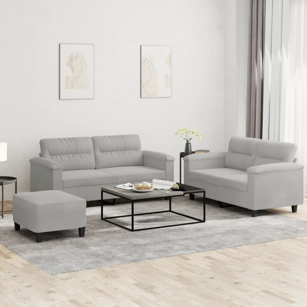 vidaXL 3-tlg. Sofagarnitur mit Kissen Hellgrau Mikrofasergewebe