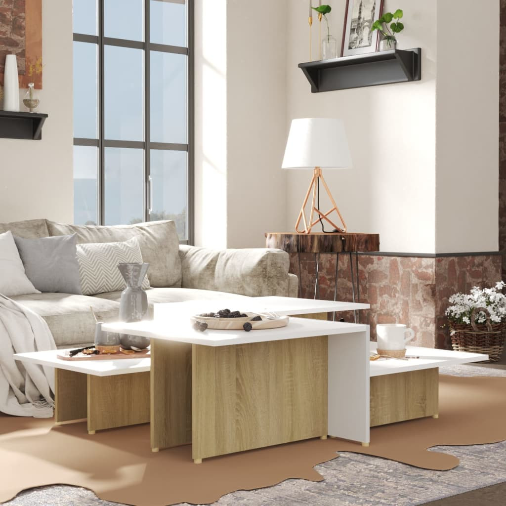 vidaXL Couchtische 2Stk. Sonoma-Eiche Weiß 111,5x50x33cm Holzwerkstoff