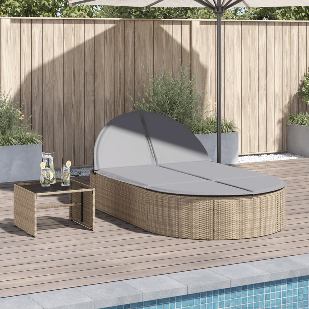 vidaXL Doppel-Sonnenliege mit Auflagen Beige Poly Rattan