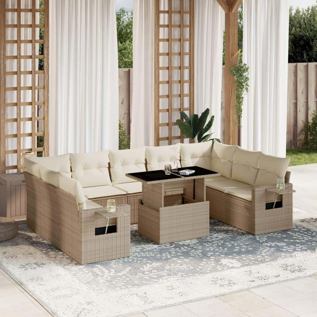 vidaXL 10-tlg. Garten-Sofagarnitur mit Kissen Beige Poly Rattan