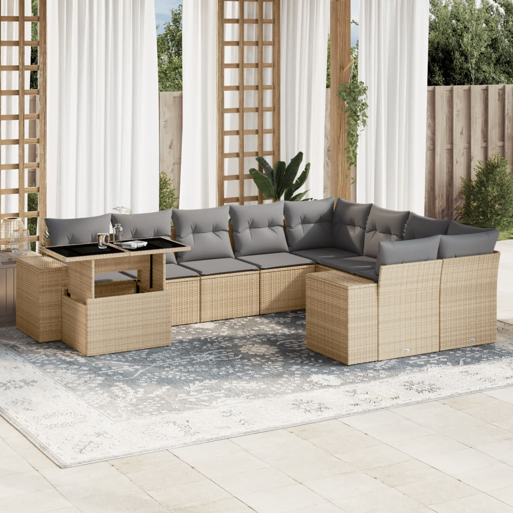 vidaXL 10-tlg. Garten-Sofagarnitur mit Kissen Beige Poly Rattan