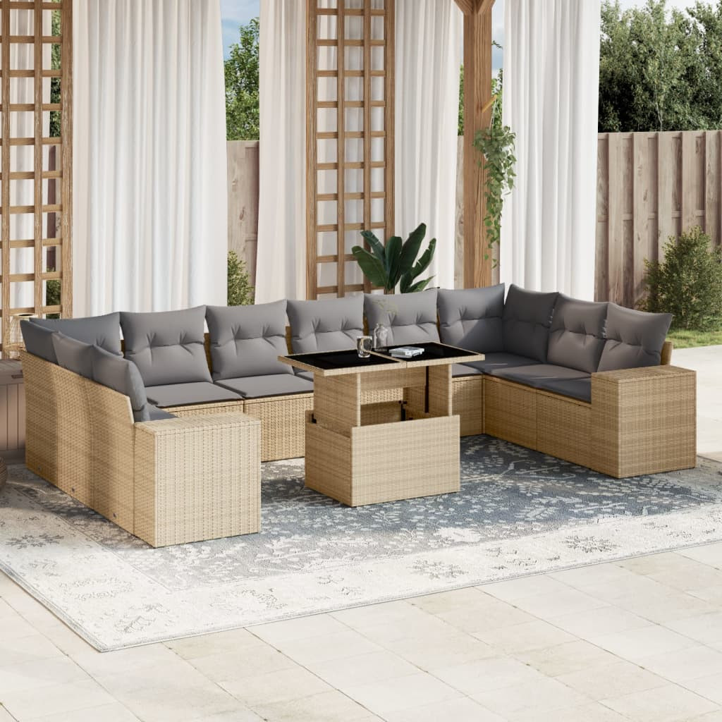 vidaXL 11-tlg. Garten-Sofagarnitur mit Kissen Beige Poly Rattan