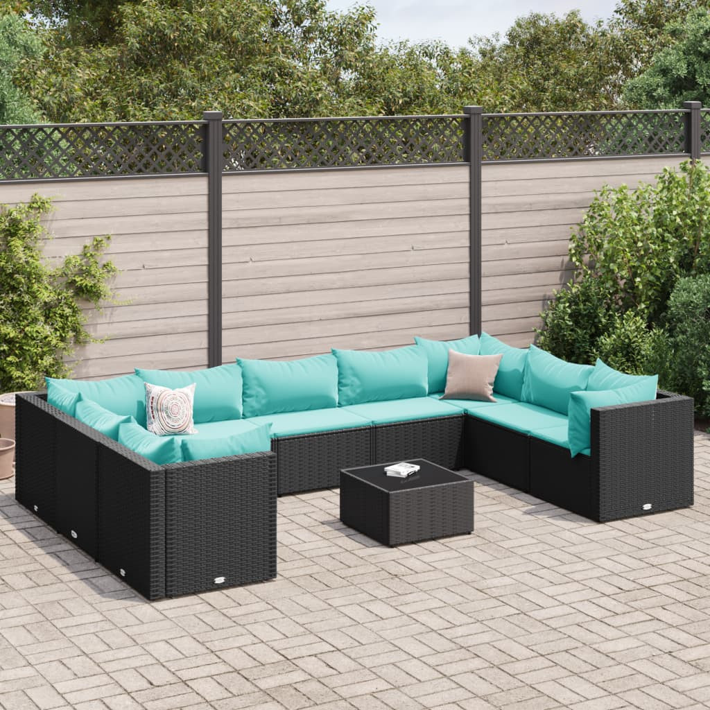 vidaXL 10-tlg. Garten-Lounge-Set mit Kissen Schwarz Poly Rattan
