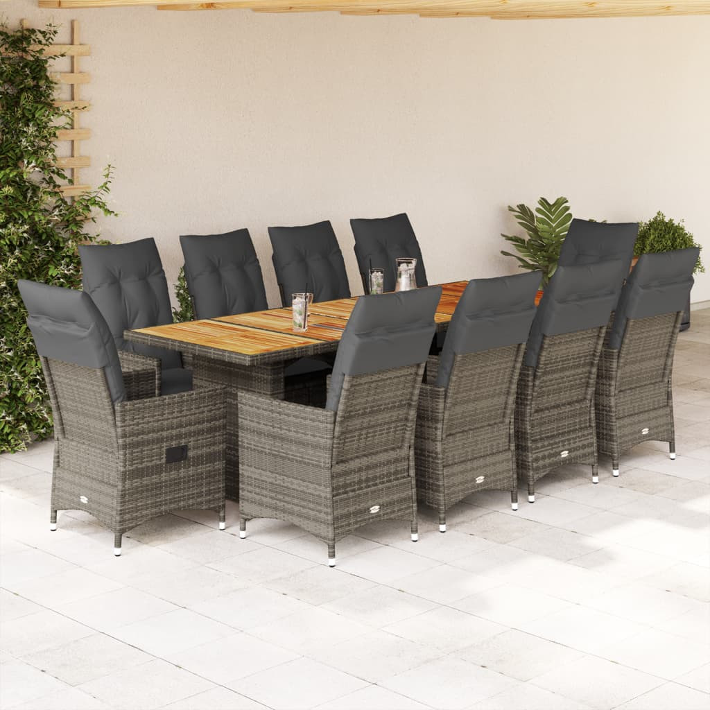 vidaXL 11-tlg. Garten-Bistro-Set mit Kissen Grau Poly Rattan