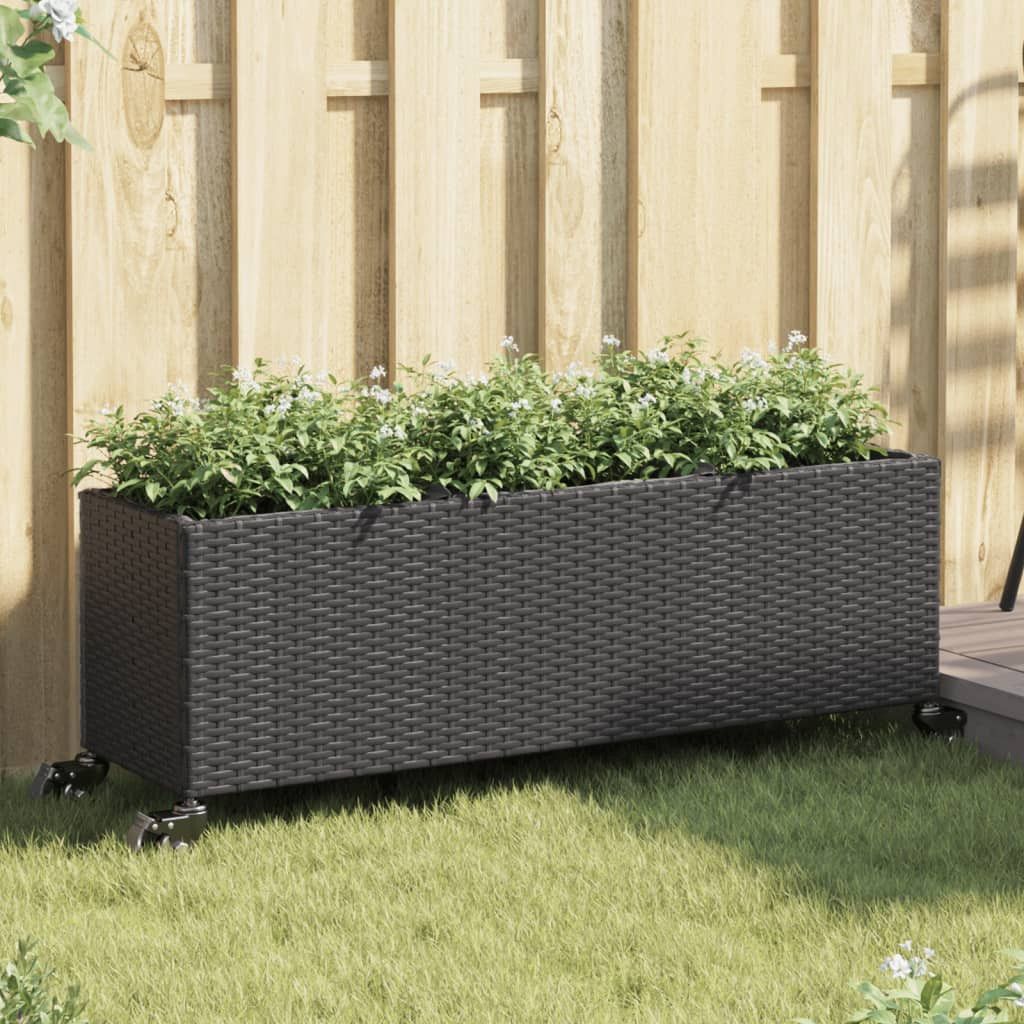 vidaXL Hochbeet mit Rollen & 3 Fächern Schwarz 107x32x38cm Poly Rattan