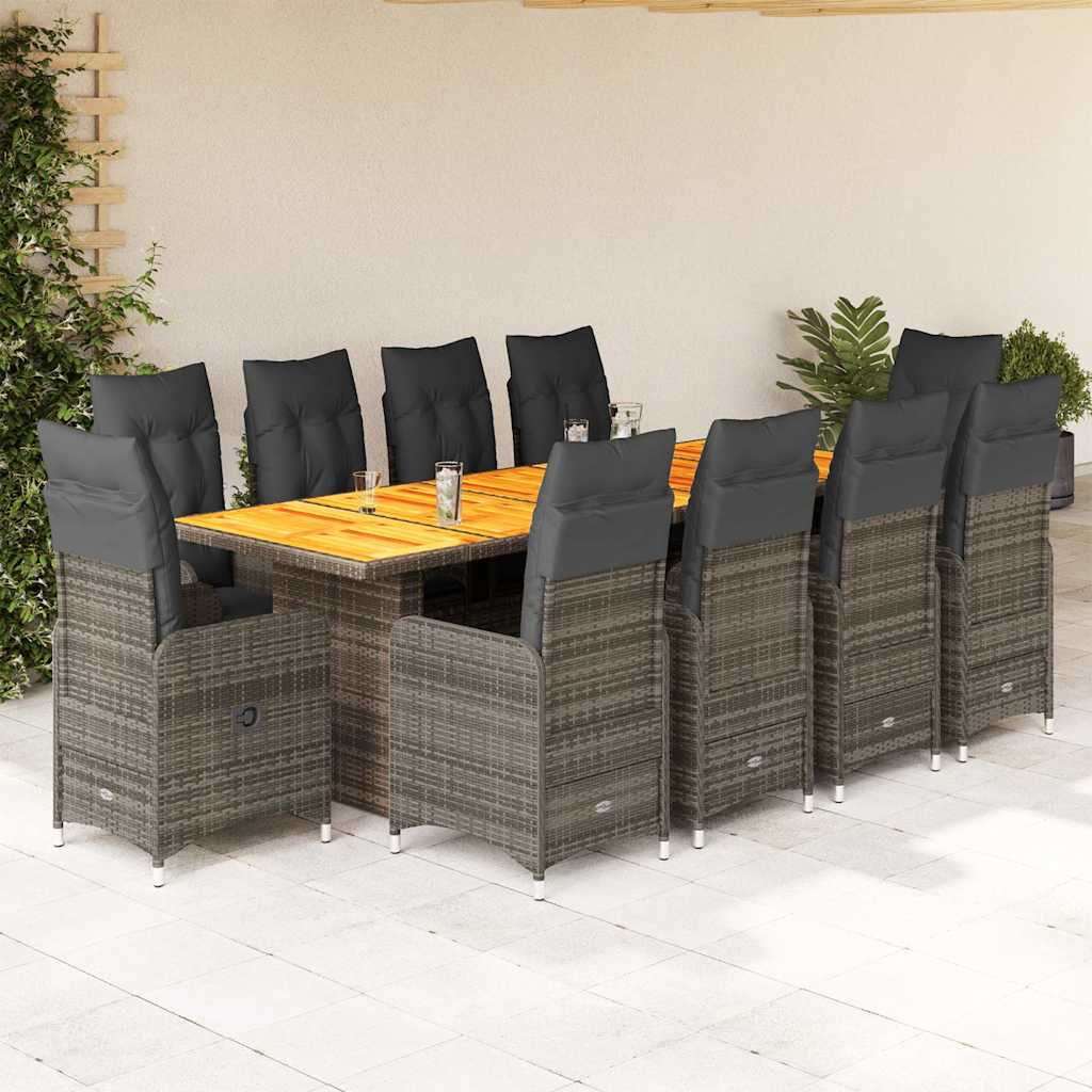 vidaXL 11-tlg. Garten-Bistro-Set mit Kissen Grau Poly Rattan