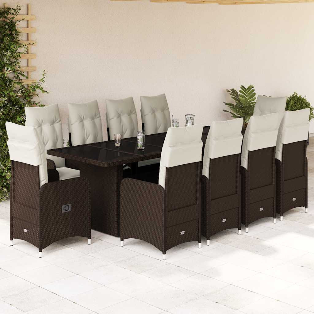 vidaXL 11-tlg. Garten-Bistro-Set mit Kissen Braun Poly Rattan
