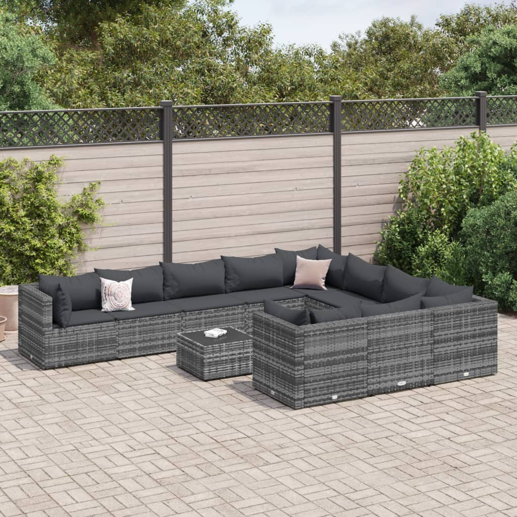 vidaXL 11-tlg. Garten-Sofagarnitur mit Kissen Grau Poly Rattan