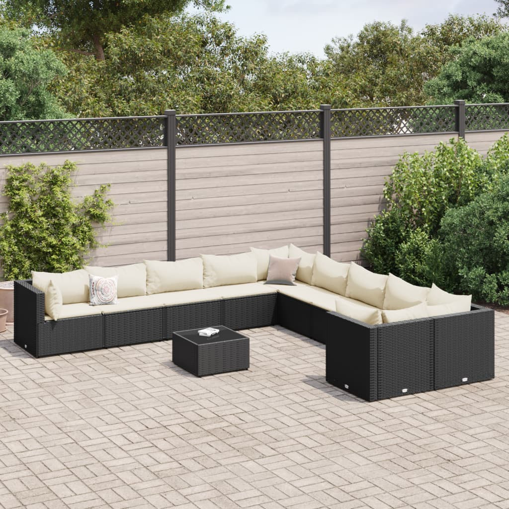 vidaXL 11-tlg. Garten-Sofagarnitur mit Kissen Schwarz Poly Rattan