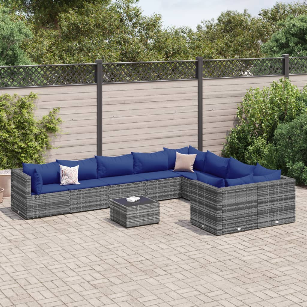 vidaXL 10-tlg. Garten-Sofagarnitur mit Kissen Grau Poly Rattan