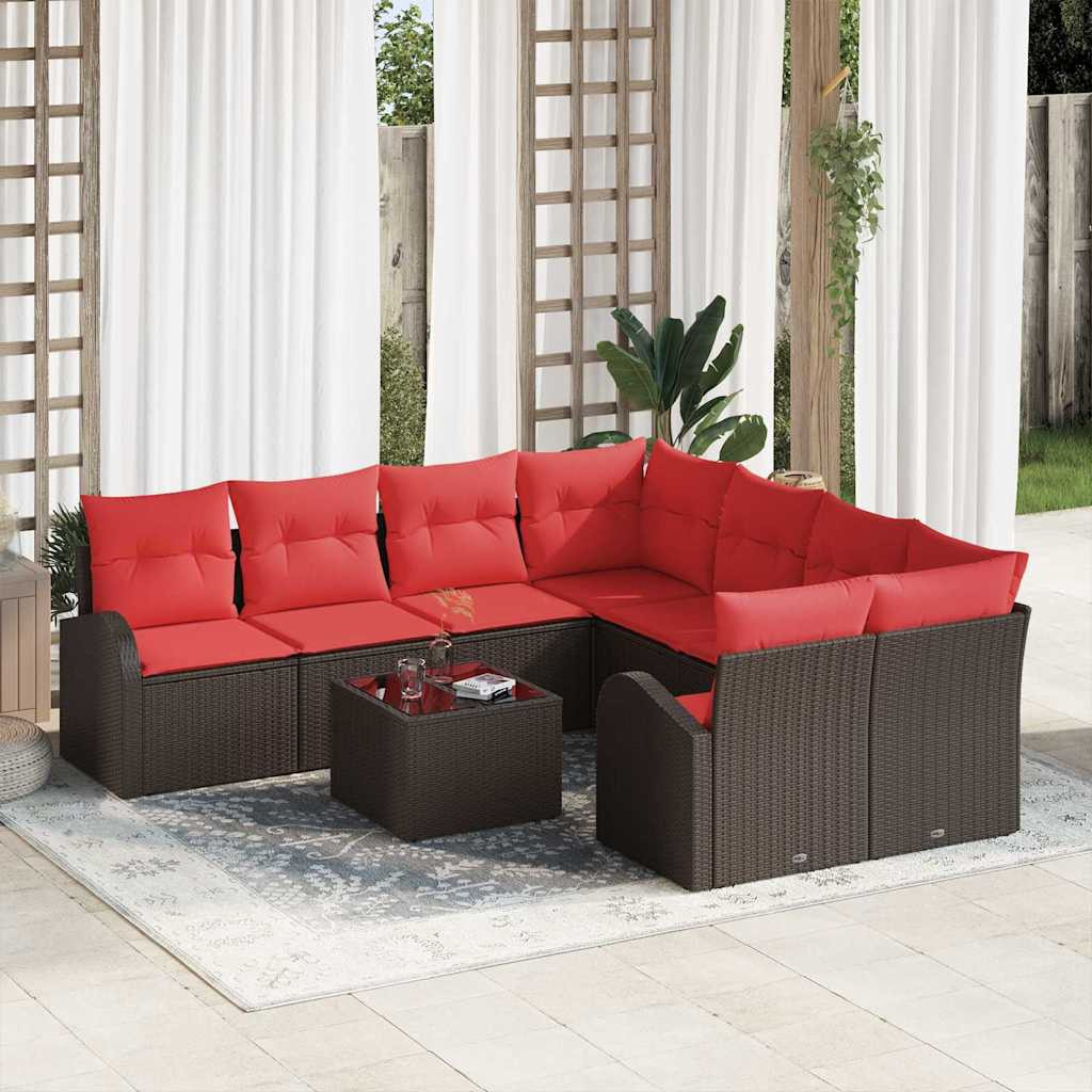 vidaXL Sofa Set mit Kissen 9 pcs Beige und Rot Poly-Rattan