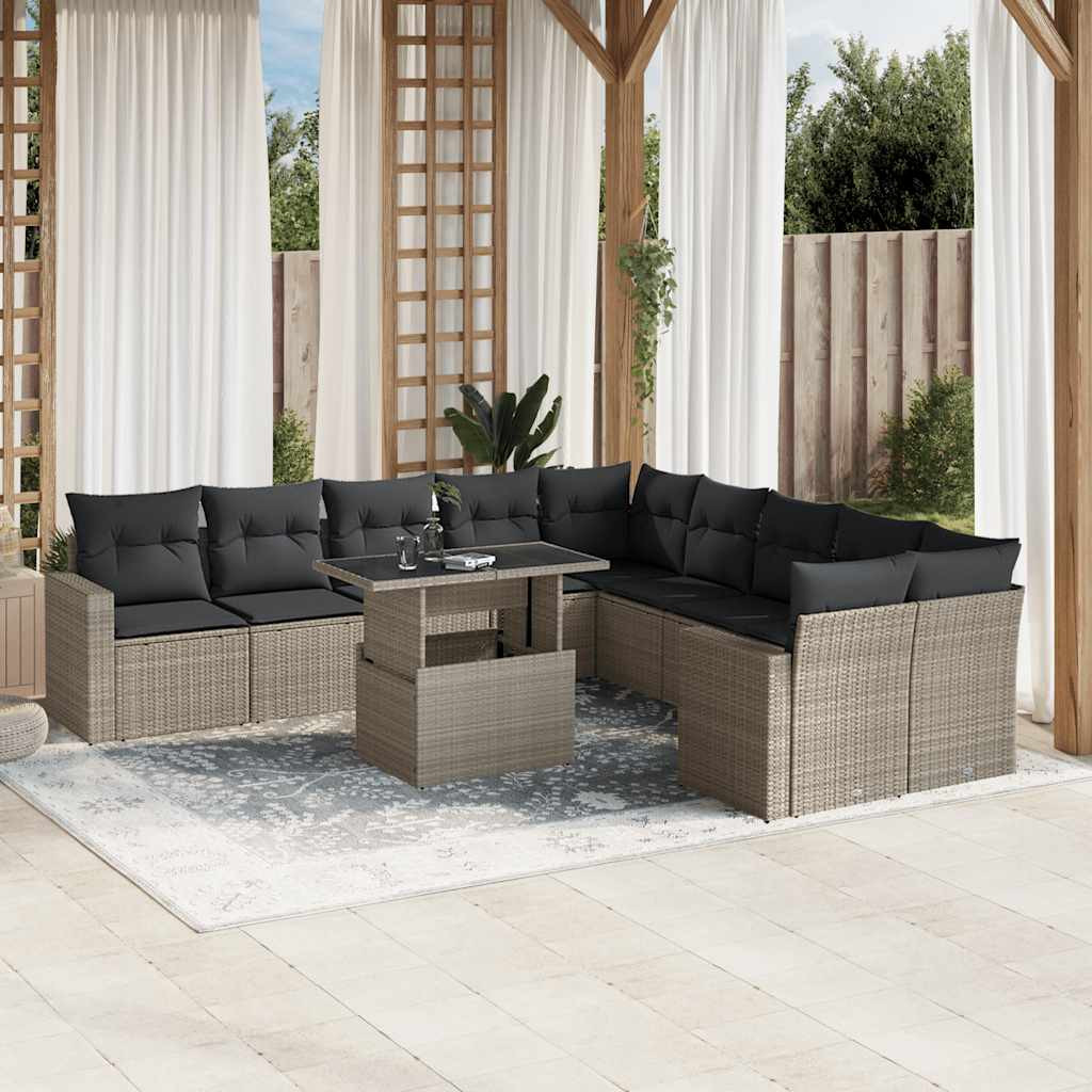 vidaXL 11-tlg. Garten-Sofagarnitur mit Kissen Hellgrau Poly Rattan