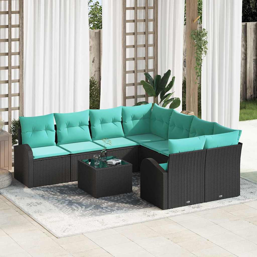 vidaXL Sofa Set mit Kissen 9 pcs Schwarz und Türkis Poly-Rattan