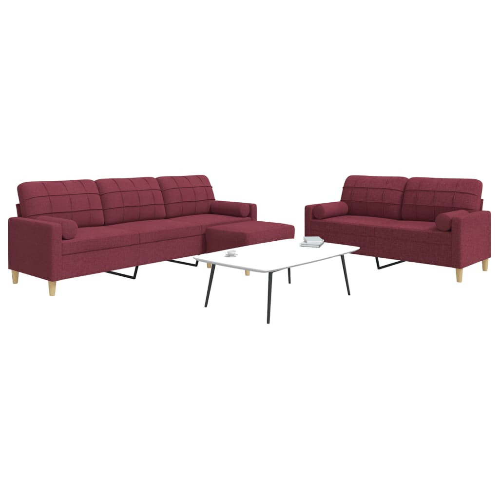 vidaXL 3-tlg. Sofagarnitur mit Fußhocker & Dekokissen Weinrot Stoff