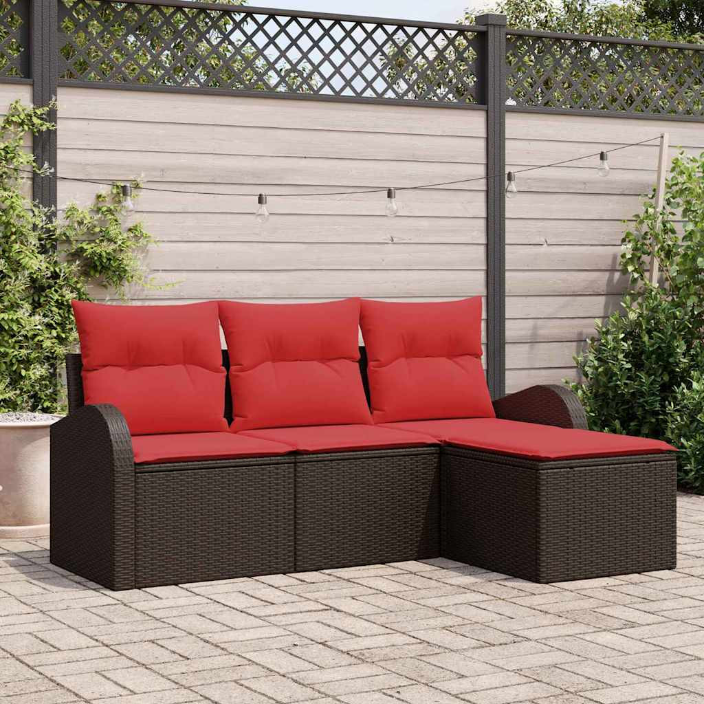 vidaXL Sofa Set mit Kissen 4 pcs Braun und Rot Poly-Rattan