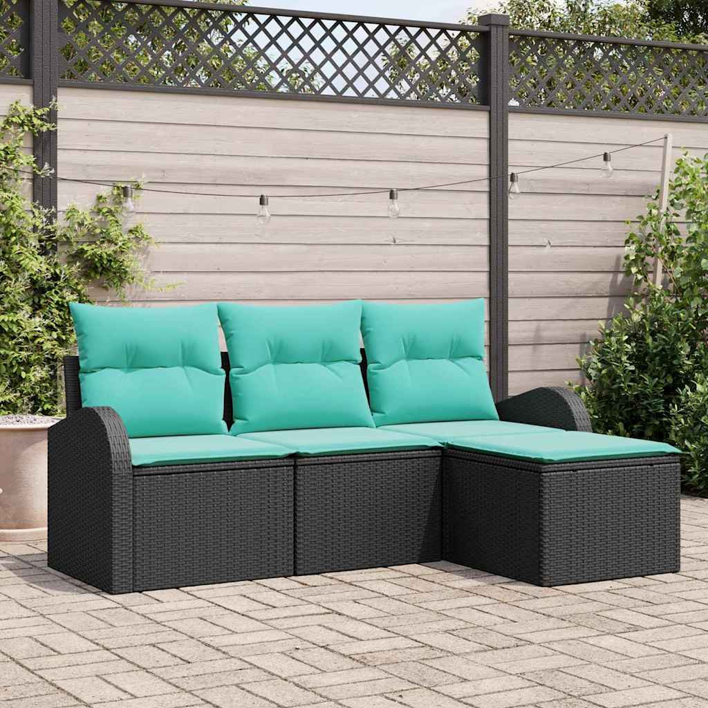 vidaXL Sofa Set mit Kissen 4 pcs Schwarz und Türkis Poly-Rattan