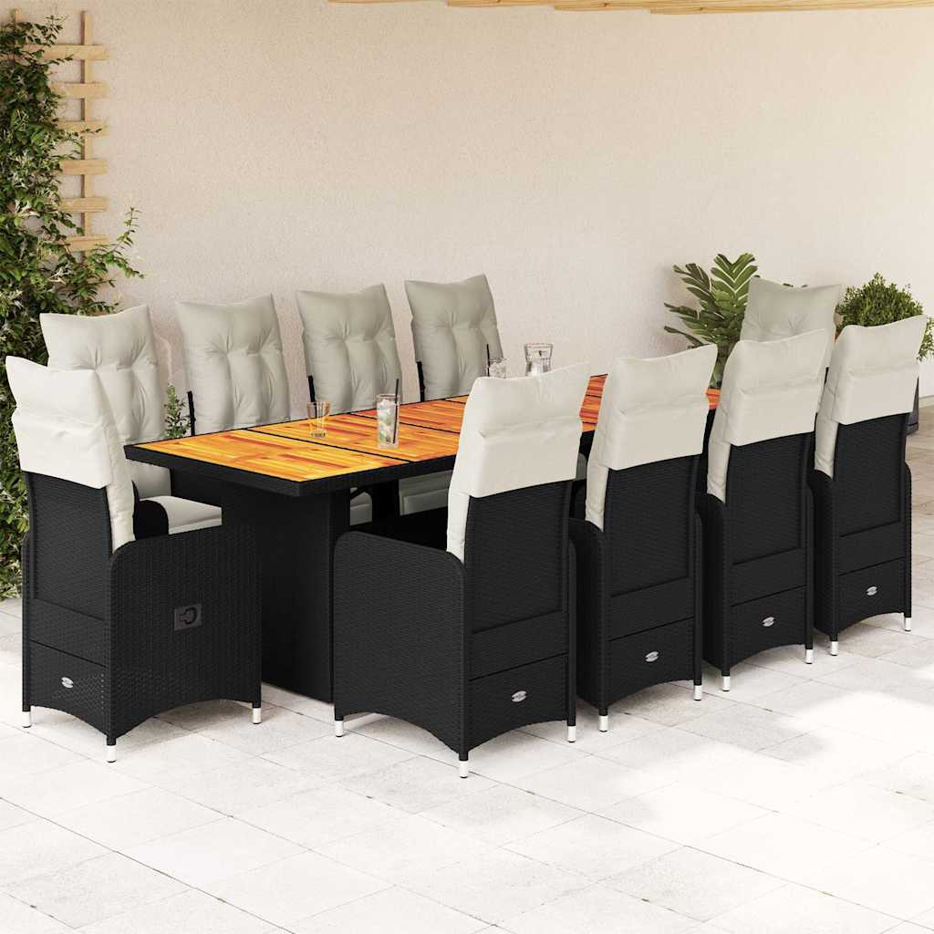 vidaXL 11-tlg. Garten-Bistro-Set mit Kissen Schwarz Poly Rattan