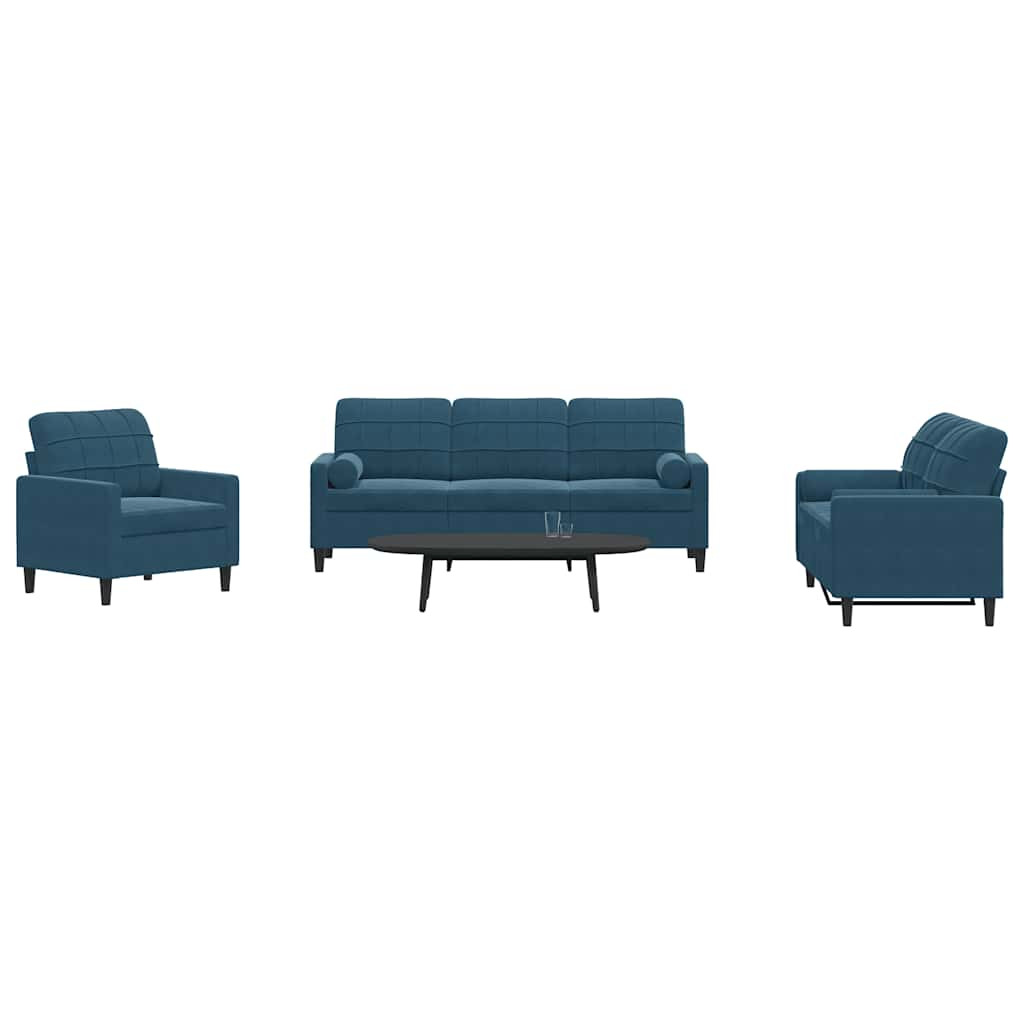 vidaXL 3-tlg. Sofagarnitur mit Kissen und Nackenrollen Blau Samt