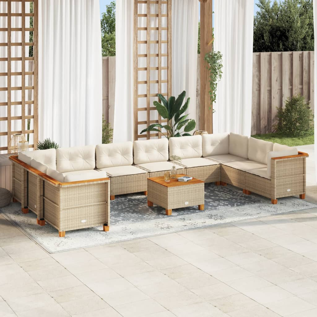 vidaXL 11-tlg. Garten-Sofagarnitur mit Kissen Beige Poly Rattan
