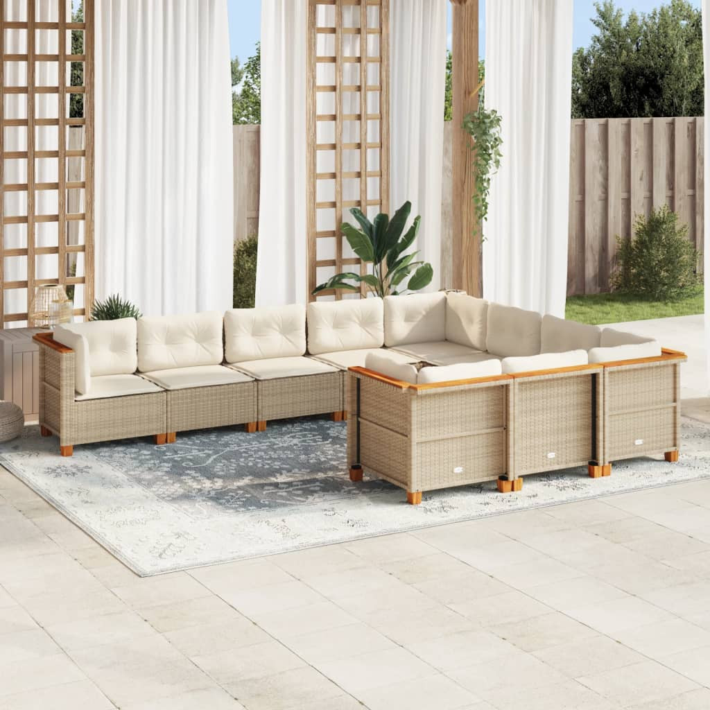 vidaXL 10-tlg. Garten-Sofagarnitur mit Kissen Beige Poly Rattan