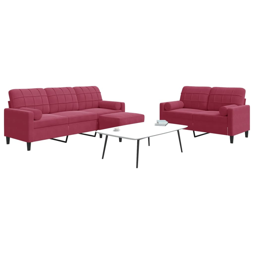 vidaXL 3-tlg. Sofagarnitur mit Kissen und Nackenrollen Weinrot Samt