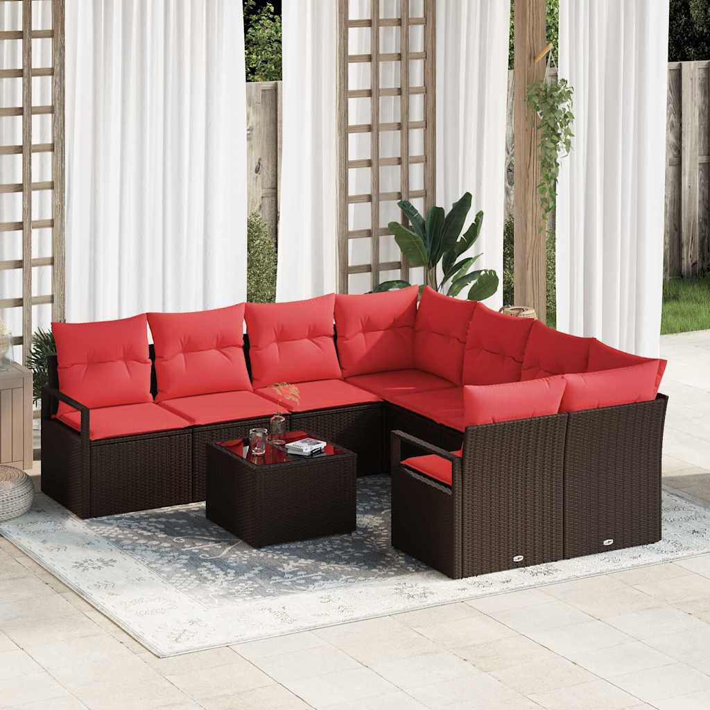 vidaXL Sofa Set mit Kissen 9 pcs Beige und Rot Poly-Rattan