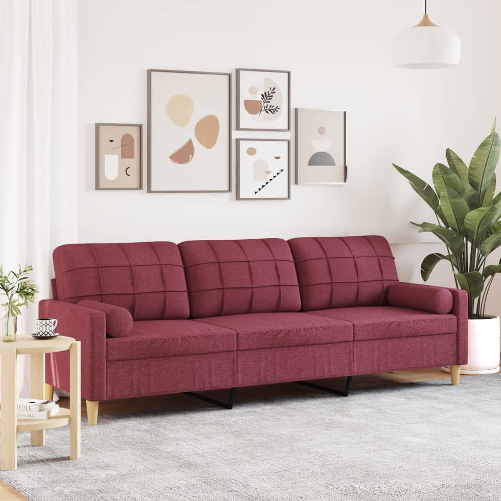 vidaXL Sofa 3-Sitzer mit Zierkissen Weinrot 210 cm Stoff