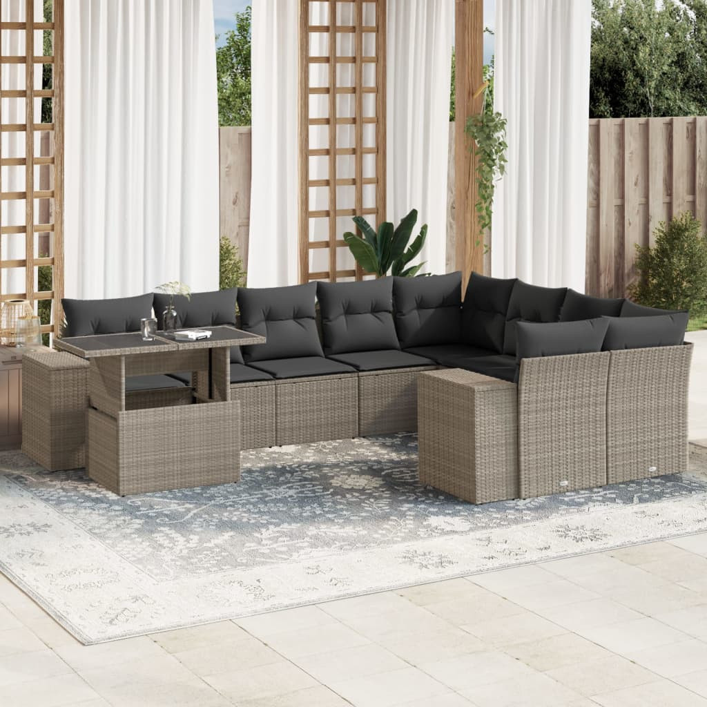 vidaXL 10-tlg. Garten-Sofagarnitur mit Kissen Hellgrau Poly Rattan
