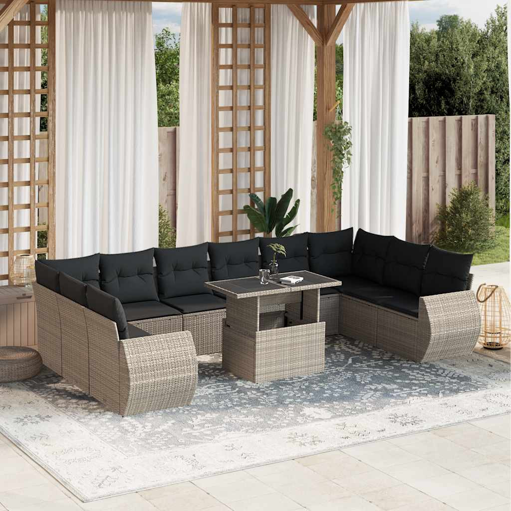vidaXL 11-tlg. Garten-Sofagarnitur mit Kissen Hellgrau Poly Rattan