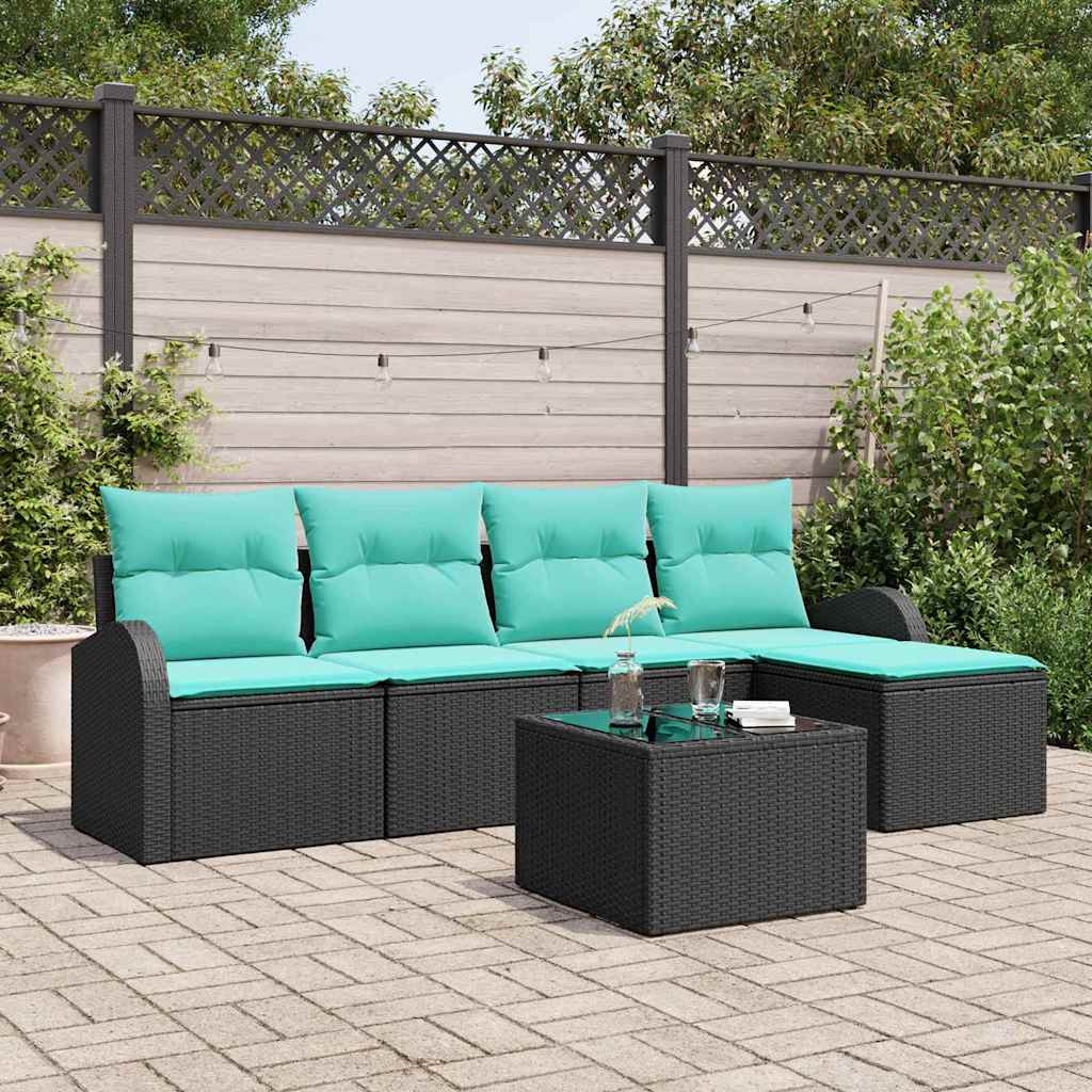 vidaXL Sofa Set mit Kissen 6 pcs Schwarz und Türkis Poly-Rattan