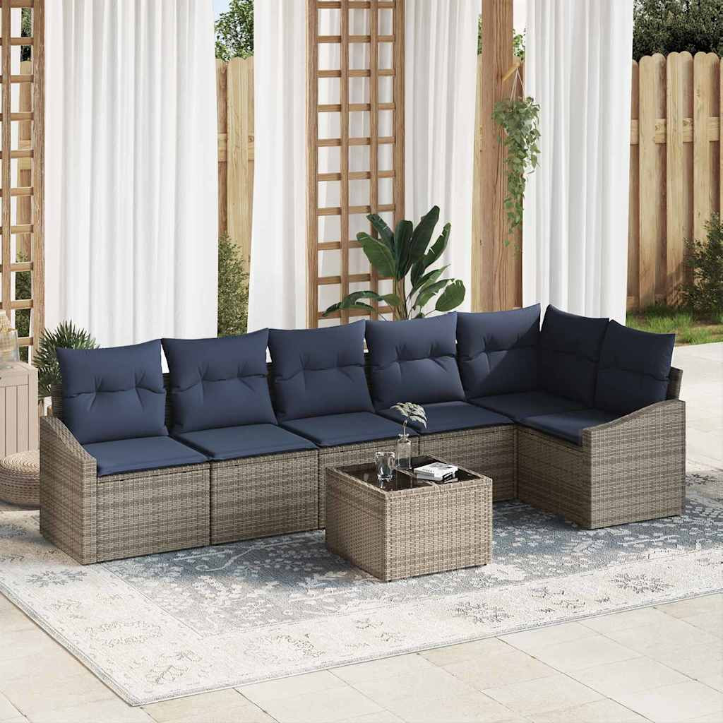 vidaXL Gartensofa-set mit Kissen 7 pcs Grau und Marineblau Poly-Rattan