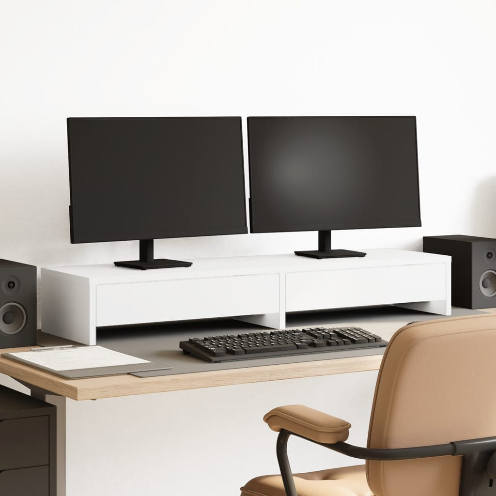 vidaXL Monitorständer mit Schubladen Weiß 100 x 27 x 15 cm Holzwerkstoff