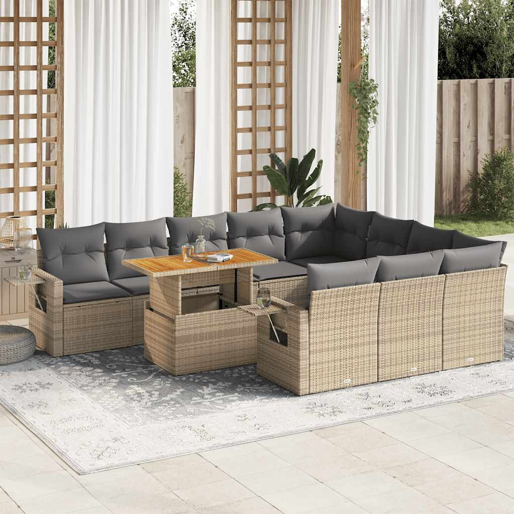 vidaXL 11-tlg. Garten-Sofagarnitur mit Kissen Beige Poly Rattan